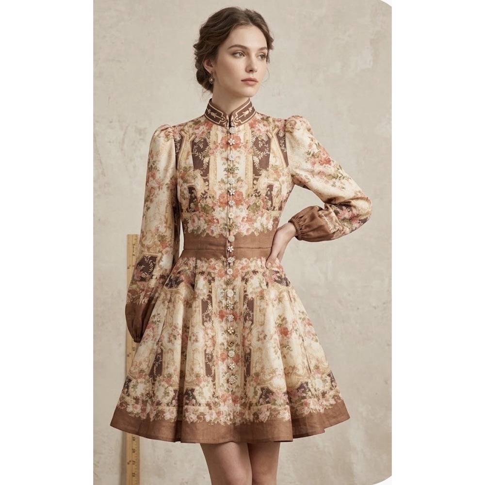 Miss Rosier the Fabienne Neutral Floral Print Mini Dress Size Medium Buttons